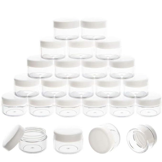 ZEJIA 5 Gram Sample Containers with Lids, Mini Makeup Containers, Empty Plastic Travel Cosmetic Containers with Labels(25 Count, White Lid)