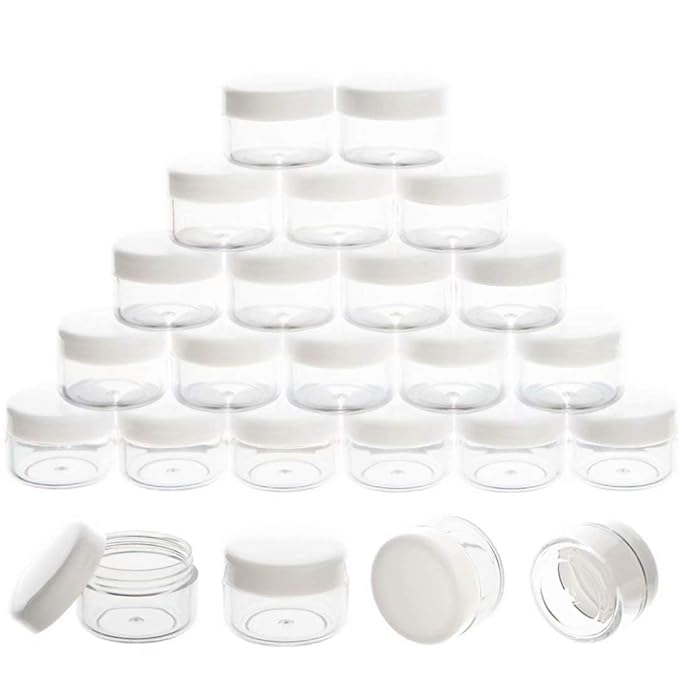 ZEJIA 5 Gram Sample Containers with Lids, Mini Makeup Containers, Empty Plastic Travel Cosmetic Containers with Labels(50 Count, White Lid)