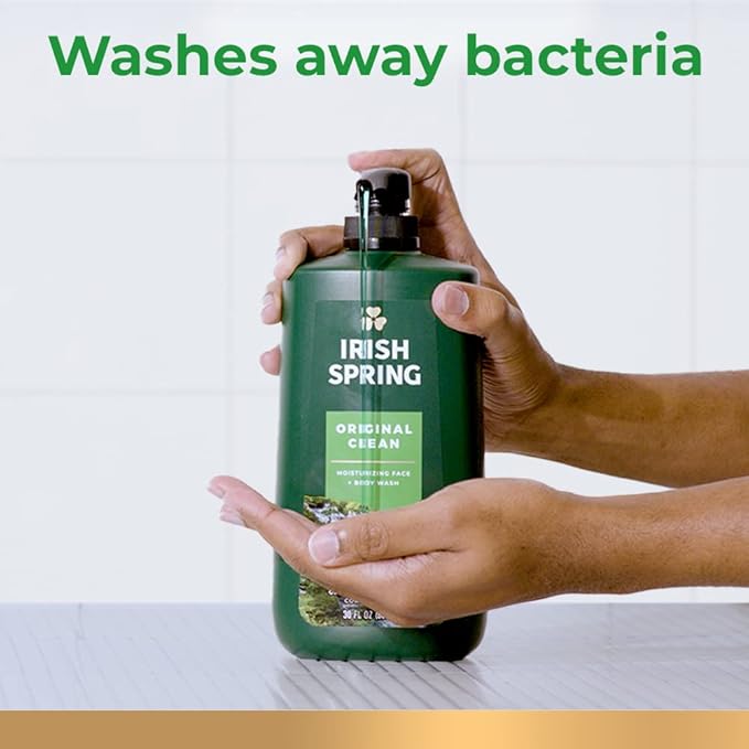Irish Spring Original Moisturizing Body Wash for Men, 24-Hour Fresh, Face and Body Wash, Biodegradable Ingredients, Paraben Free, Cool Fresh Scent, 30 fl oz Pump Bottle