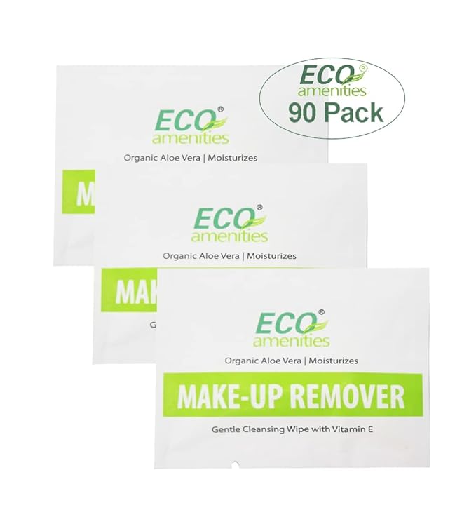 ECO Amenities Aloe Vera and Vitamin E Enriched Makeup Remover Wipes Individually Wrapped Facial Towelettes Skin Cleansing Wipes, 90 Count