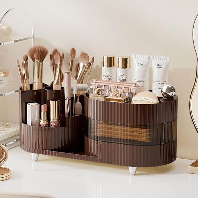 Rotating Makeup Organizer for Vanity with Brush Holder and Drawer, 3 Layer Cosmetic Makeup Storage, Large Makeup Skincare Organizer, Countertop Makeup Perfume Organizer, Lotions Display Case (Brown)