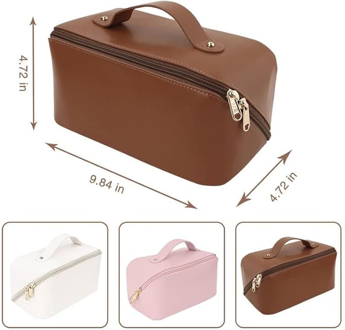 Large Capacity Waterproof Travel Cosmetic Bag - PU Leather - Brown Light