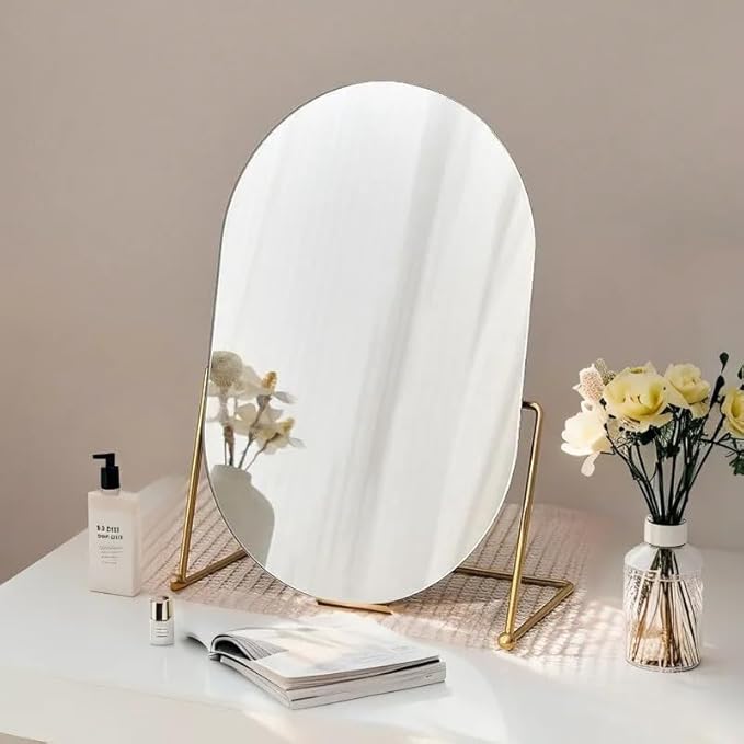 Desk Vanity Mirror with Stand Tabletop Makeup Table Mirrors Portable Table Make Up for Bedroom Golden Metal Framed Folding Bathroom Shaving Cosmetic Mirror