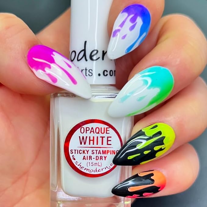 SheModern STICKY WHITE Opaque Stamping Polishes (Set of 3) For Nail Art Design Air Dry Collection. More Transfer Time with Tacky Surface for Easy Adhere of Pigment, Glitter