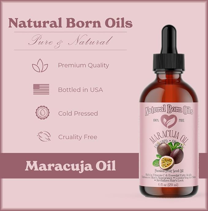 Natural Born Oils 4oz Maracuja (Passion Fruit Seed) Oil, 100% Pure and Natural, Organic, Cold-pressed, Unrefined, Rejuvenating, Includes Pump & Dropper