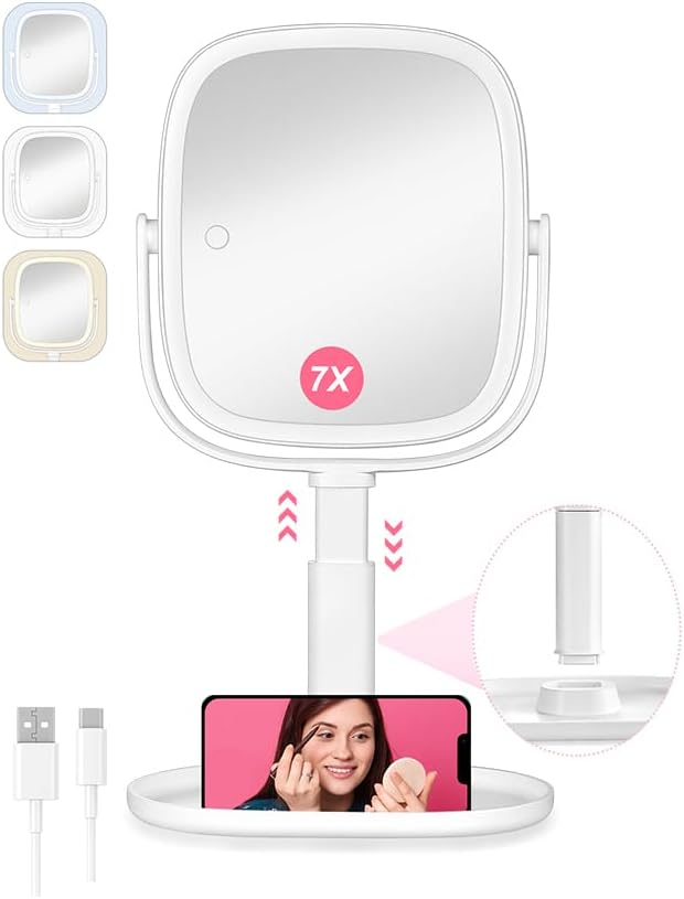 Lighted Makeup Mirror, Height Adjustable 1x/7x Magnifying Vanity Mirror, 2600mAh Rechargeable Makeup Mirror with Lights 3 Color, Double Sided 360° Rotation Desk Travel Mirror, Gifts for Women