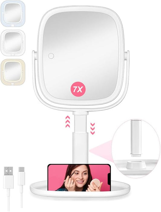 Lighted Makeup Mirror, Height Adjustable 1x/7x Magnifying Vanity Mirror, 2600mAh Rechargeable Makeup Mirror with Lights 3 Color, Double Sided 360° Rotation Desk Travel Mirror, Gifts for Women