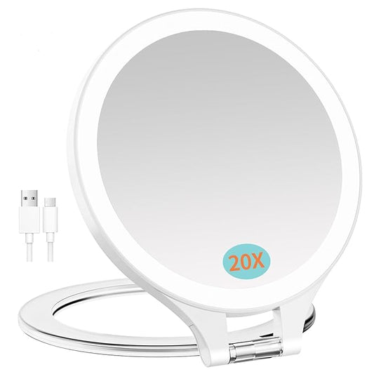 Magnifying Mirror with Light 20X/1X, Double Sided travel mirror with light, Rechargeable makeup mirror with 3 color setting Adjustable stand Lighted mirror Vanity Portable Desk Cosmetic Mirror