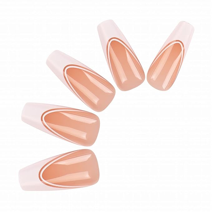 Allkem Soft Gel Nail Tips - Medium Long Double French Ballerina Nail Extensions Kit - 12 Sizes Long Full Cover Nails - Neutrals - Bold (240 Pieces)