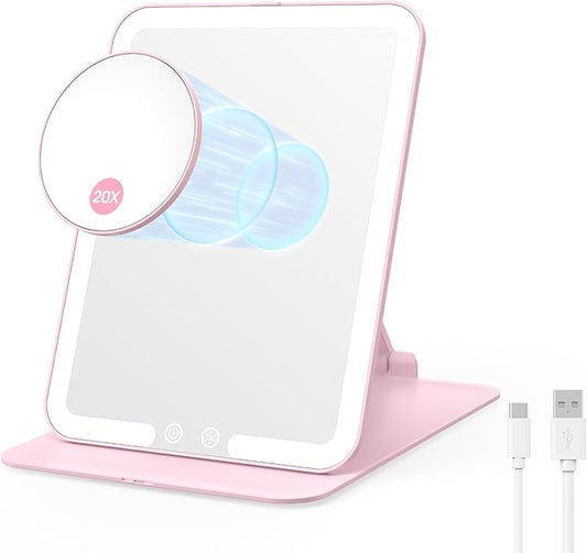 Benbilry Foldable Travel Makeup Mirror with Lights and 20X Magnification, Rechargeable Tabletop LED Vanity Mirror with Adjustable Stand, 3-Colored Dimmable Lighting, Portable Cosmetic Mirror, Pink