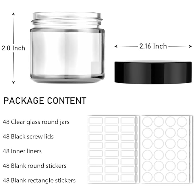2 oz Small Glass Containers With Lids, Bumobum 48 Pack Clear Cream Jars with Lids, White Labels & Inner Liners, Empty Round Clear Cosmetic Jars for Ointments, Lotions