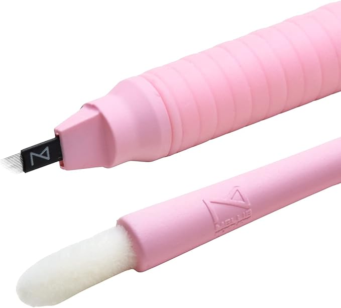 M PACK OF 10 Mellie's Signature Microblading Disposable Pen - Sterilized Blade - Comfortable Rubber Grip With Pigment Sponge (C14 NANO .15mm, Pink)