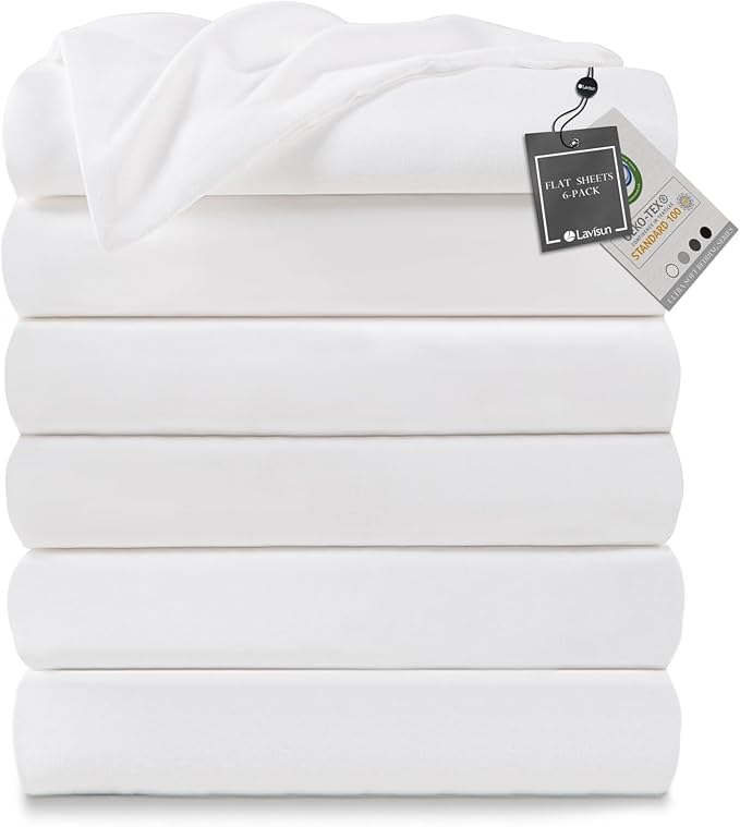 Lavisun Twin Flat Sheets 6 Pack,White Brushed Microfiber Bed Sheets, Soft & Breathable Bulk Sheets for Hotel, Massage, Hospital, Home, Dorm