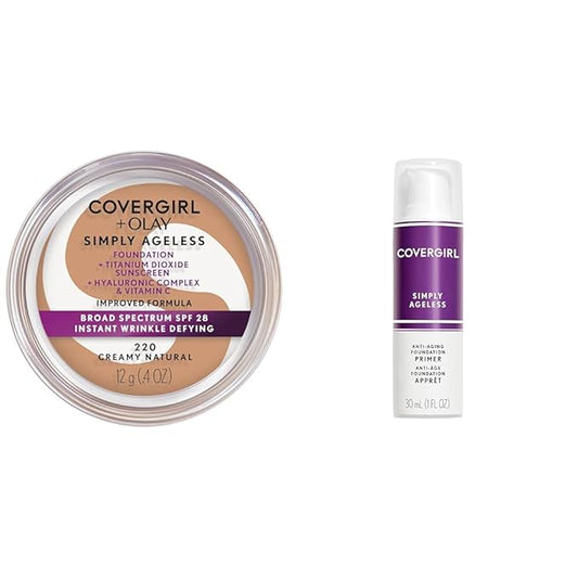 COVERGIRL & Olay Simply Ageless Instant Wrinkle-Defying Foundation, Creamy Natural 0.44 Fl Oz (Pack of 1) & Simply Ageless Makeup Primer, 1 Fl Oz, Pack of 1