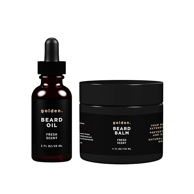 Golden Grooming Beard Oil & Balm Bundle for Men | Natural Growth Kit with Shea Butter | 4oz Balm & 2oz Oil | Fresh Scent