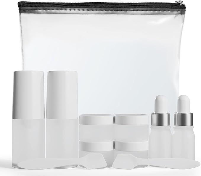 11 Piece Travel Skincare Containers Set - TSA Approved Toiletry Bag & Travel Size Toiletries - Airless & Dropper Bottles for Serums, Moisturizers, & Oils