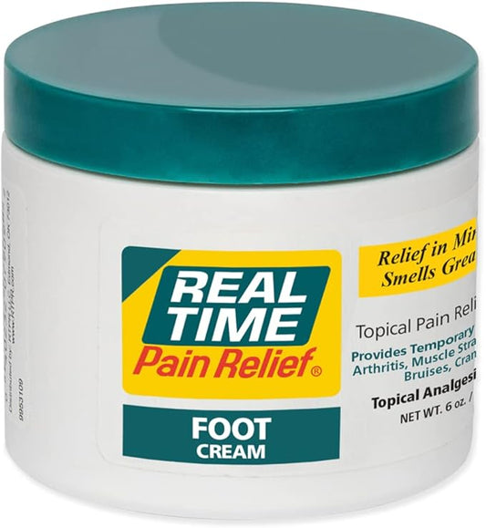 Real Time Pain Relief Foot Cream - 6oz Jar | Advanced Relief for Foot Pain, Muscle Strains, and Arthritis |15 Natural Ingredients Including Eucalyptus, Tea Tree Oil, Menthol, Vitamin E, and Emu Oil