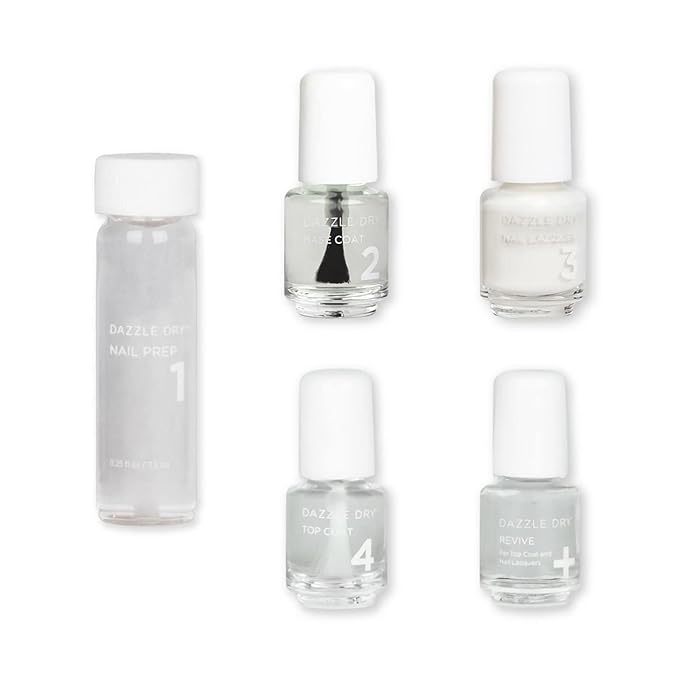 Dazzle Dry Mini Kit 4 Step System - Poised, a semi-sheer iridescent, stark white with subtle pink iridescent shimmer. (5 Piece Kit / 5 Manicures)