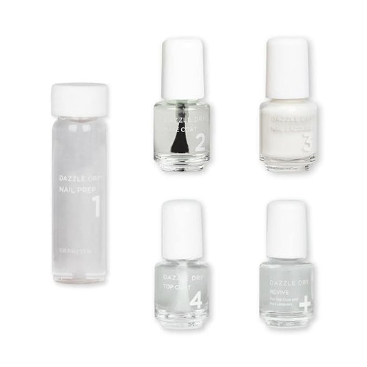 Dazzle Dry Mini Kit 4 Step System - Poised, a semi-sheer iridescent, stark white with subtle pink iridescent shimmer. (5 Piece Kit / 5 Manicures)