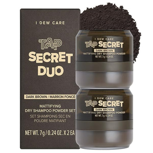 I DEW CARE Biotin Clarifying Dry Shampoo - Tap Secret Dark Brown Duo Set | Strengthening & Volumizing, Powder Type, Refillable, Travel size, Non-aerosol, Mother's Day, 0.24 Oz * 2ea