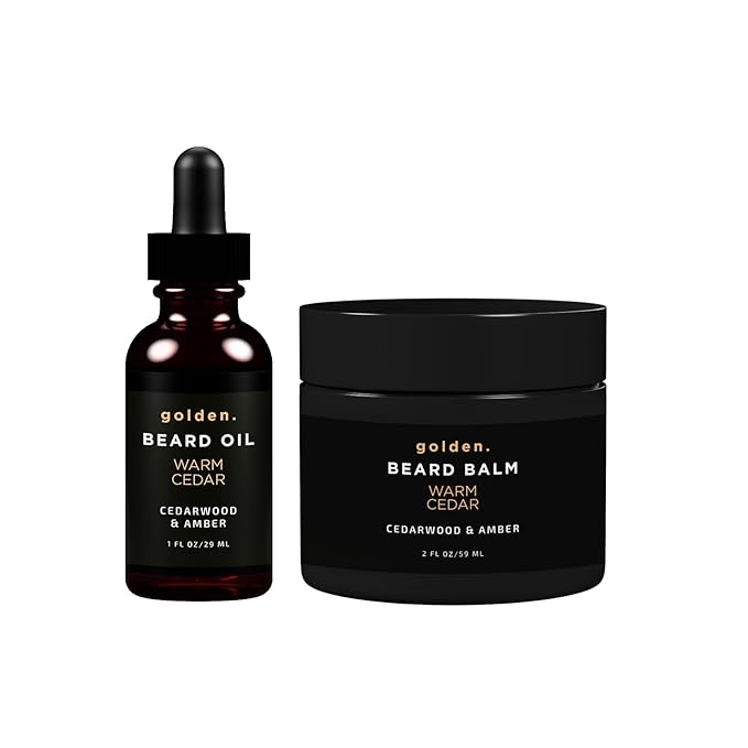 Golden Grooming Beard Oil & Balm Bundle for Men | Natural Growth Kit with Shea Butter | 2oz Balm & 1oz Oil| Warm Cedar