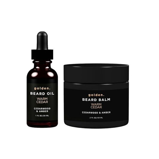 Golden Grooming Beard Oil & Balm Bundle for Men | Natural Growth Kit with Shea Butter | 2oz Balm & 1oz Oil| Warm Cedar