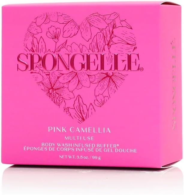 SPONGELLÉ Pink Camellia Body Buffer – All-in-One Exfoliating Sponge & Body Wash for Valentine's & Mother's Day Gifts