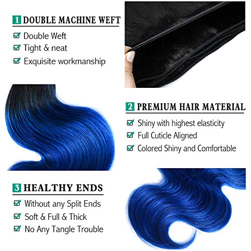Ombre Bundles 1B/Bule Hair Brazilian Remy Human Hair 1b/Blue Bundles Body Wave Human Hair Bundles, 2 Tone Ombre Hair 3 Bundles Hair (16" 18" 20", Body 1B/Blue)