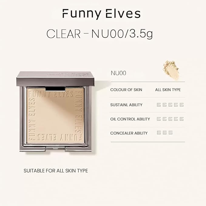 Funny Elves Pressed Powder Makeup Face Long Lasting Photosensitive Concealer Asian Skincare Cosmetics Mid-Sample 3.5g NU00 1 Count