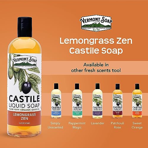 Vermont Castile Lemongrass Zen Soap, Gentle Liquid Soap for Sensitive Skin & Natural Body Wash, Organic Hair Shampoo for Oily Hair, Aloe Castile Soap for Men & Women - 16 Oz