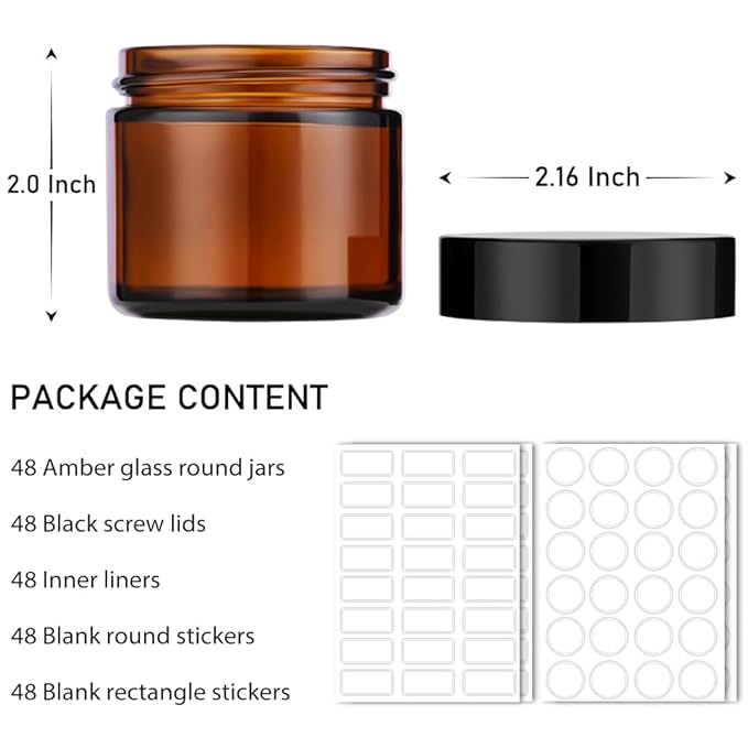 2 oz Small Glass Jars with Lids, Bumobum 48 pack Round Amber Glass Candle Jars with Black Lids, White Labels & Inner Liners, Empty Cosmetic Containers for Cream, Lotion, Slime