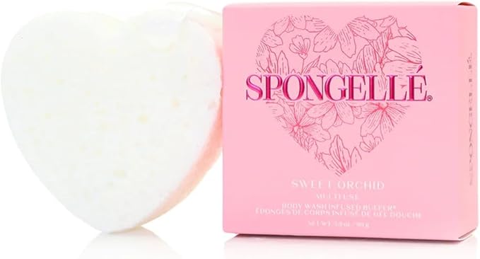 Spongellé Sweet Orchid Heart Buffer – Exfoliating Body Wash Infused Sponge with Orchid Scent – Perfect for Valentine's & Mother's Day Gifts