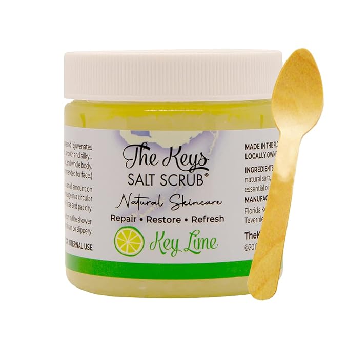 The Keys Sea Salt Body Scrub - Exfoliating With Wooden Spoon for Men, Women - Foot and Hand Scrub Made With Pure Florida Sea Salt, Organic Essential Oils & Nutrients (Key Lime, 3.4 oz)