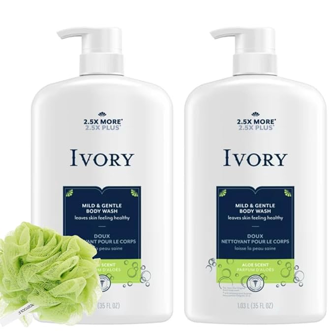 Ivory Body Wash - Ivory Clean Body Wash Pump Original with body pump. Ivory soap pamper yourself with this moisturizing body wash pump with 35 Fl. Oz. each with shower loofah (Pack of 2). (Aloe)