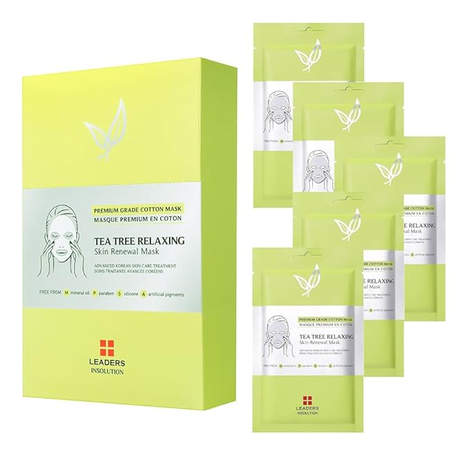 Leaders Insolution Tea Tree Relaxing Skin Renewal Mask | Soothing Facial Sheet for Acne, Oil Control, and Sensitive Skin | Hydrating Botanicals | Calms Redness, Smooth (5 Sheets)
