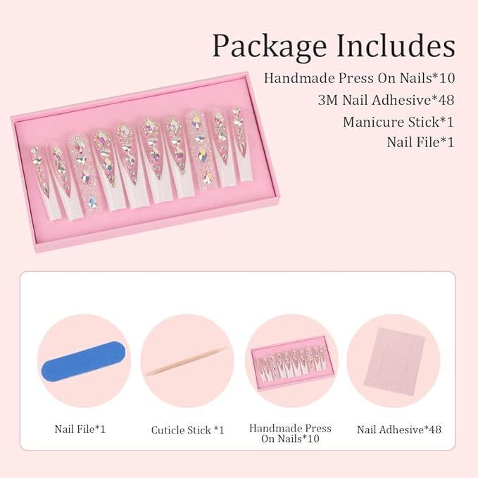 Handmade Press on Nails Pink Party, Extra Long Acrylic Nail Tips Colorful Crystal Luxury Diamond, Long Square Nails False Nails, Gifts for Women, Reusable Stick On Nails 10Pcs, Size M