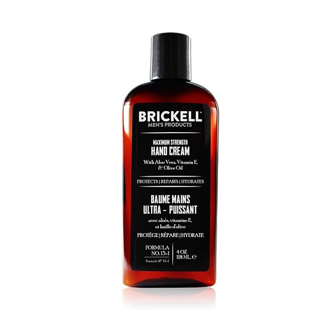Brickell Men's Maximum Strength Hand Cream for Men, Natural and Organic Fast-Absorbing Hand Lotion with Vitamin E, Shea Butter, and Jojoba, 4 Ounce, Scented