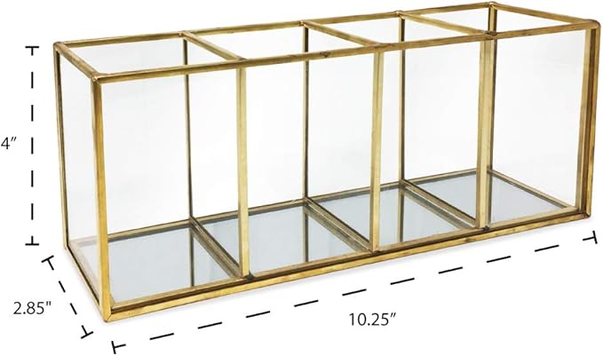 Isaac Jacobs 4-Compartment Organizer- Makeup Brush Holder- Vintage Style Brass and Glass Storage Solution with Mirror Base- Office, Bathroom, Kitchen Supplies and More (Antique Gold)