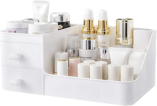skin care organizer,Makeup Desk Organizer With Drawers,Countertop Organizer for Cosmetics,Vanity brush with Holder for Lipstick, Brushes, Eyeshadow, and Desktop (polar white)
