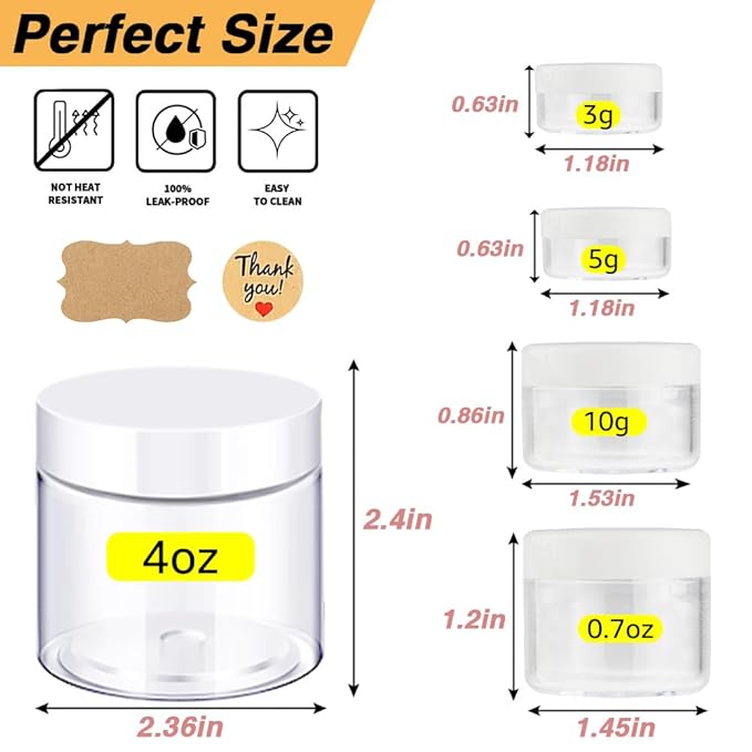 4 oz Plastic Containers with Lids 105pcs Plastic Jars with White Lids + 3/5/10/20 Gram 20pcs Sample Containers Travel Jar– Great for Lip Scrub, Body Butters, Cream, Slime, Craft Storage