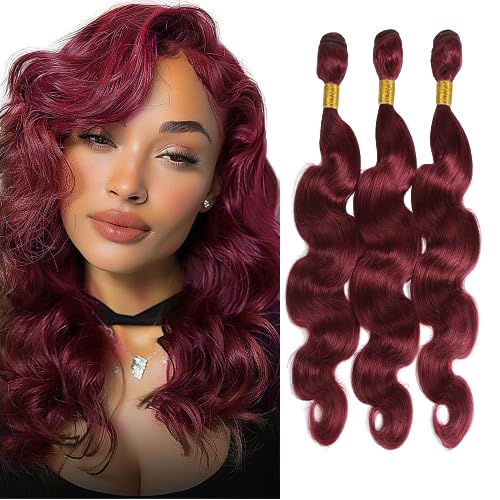 Color 99j Human Hair Body Wave Bundles Burgundy Body Wave Bundles 8a Grade Double Weft Weave Extensions Brazilian Human Hair Soft and Silky for Black Women 26 28 30 Inch