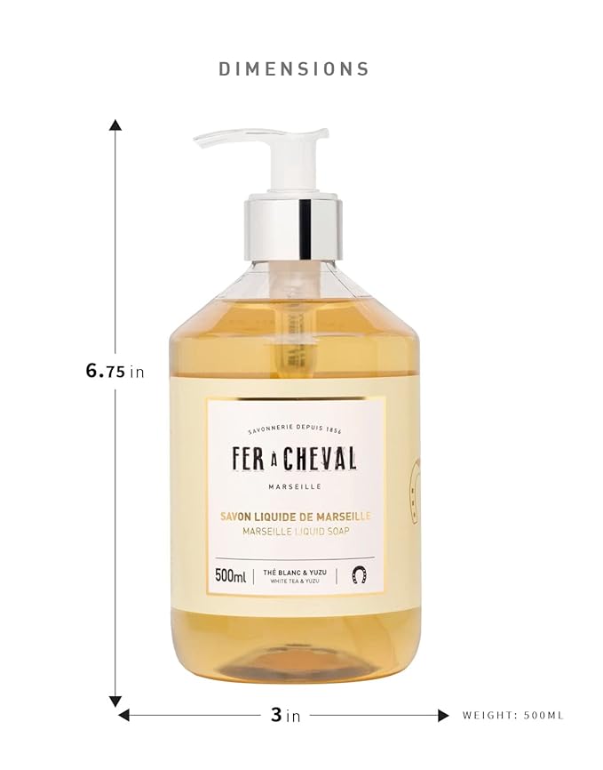 Fer à Cheval Savon Liquide De Marseille Soap, Organic Marseille Liquid Soap, French Shower Hand Soap Liquid, White Tea & Yuzu, 500ml/16.9fl oz