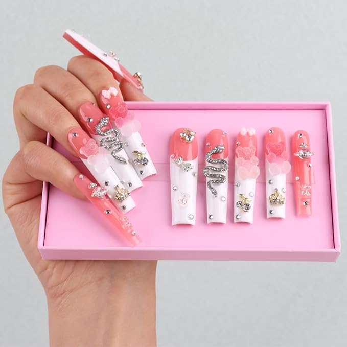 Handmade 3D Extra Long Gummy Bear Square Press On Nails,Luxury Diamond Pink Cotton Candy Salon False Nails with Design Nail Art Gifts for Women and Girls 10Pcs,Size S