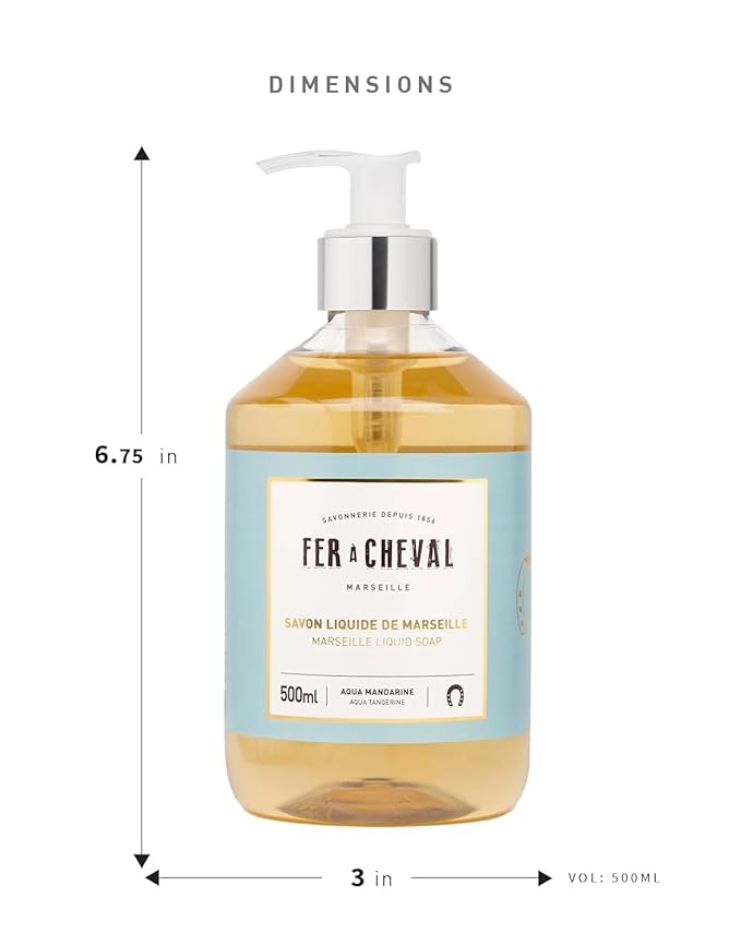 Fer à Cheval Marseille Liquid Soap Aqua Tangerine - Shea Butter & Almond Oil, Hydrating Hand Wash, Natural Ingredients - Set of 2, 500ml/16.9 f oz