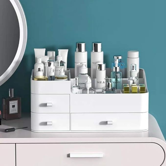 Makeup Organizer for Vanity, Large Countertop Organizer with Drawers, Cosmetics Storage for Skin Care, Brushes, Eyeshadow, Lotions, Lipstick,Nail Polish.Great for Dresser, Bathroom, Bedroom (White)