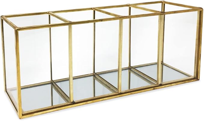 Isaac Jacobs 4-Compartment Organizer- Makeup Brush Holder- Vintage Style Brass and Glass Storage Solution with Mirror Base- Office, Bathroom, Kitchen Supplies and More (Antique Gold)