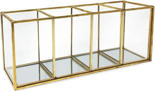 Isaac Jacobs 4-Compartment Organizer- Makeup Brush Holder- Vintage Style Brass and Glass Storage Solution with Mirror Base- Office, Bathroom, Kitchen Supplies and More (Antique Gold)