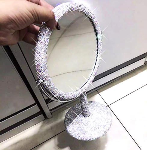 Bling Rhinestone Portable Magnified Double Sided Swivel Makeup Vanity Mirror, 360°Rotate Makeup Mirror Round Shaped Two-Sided Makeup Mirror (Silver)