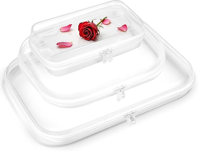 Clear Hard Shell Zipper Case, Zippered Pouch, Plastic Storage Containers for Small Toiletry Items, Toys, Building Blocks, Puzzles, Cosmetics & Stationery (Set of Large, Medium, Small)