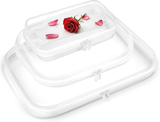 Clear Hard Shell Zipper Case, Zippered Pouch, Plastic Storage Containers for Small Toiletry Items, Toys, Building Blocks, Puzzles, Cosmetics & Stationery (Set of Large, Medium, Small)